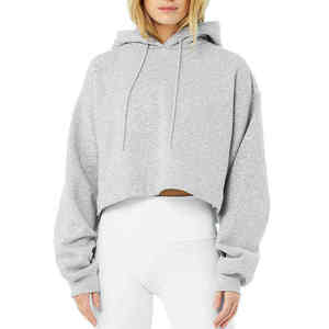 Sudadera con capucha corta gris personalizada al por mayor para mujer, de algodón polar, estilo urbano, corte holgado, top corto para mujer, sudadera tipo jersey con capucha - Product Image 2
