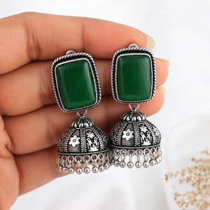Pendientes Jhumka de Plata Oxidada Antigua con Piedra Ojo de Gato Verde, Hechos a Mano, Estilo Étnico Vintage, Colgantes para Mujer, Joyería al por Mayor - Product Image 5