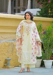 Stylish Womens Off <b>White</b> 60x60 Cotton Mirror <b>Work</b> Suit Set with Printed Kurta Palazzo <b>Trousers</b> and Soft Dupatta for Festive Wear - Product Image 3