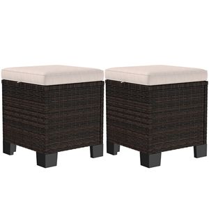 Set di 2 Pouf in Vimini Crema per Esterni con Cuscini e Poggiapiedi in Rattan per Giardino e Bordo Piscina - Product Image 1