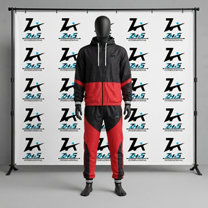 Men's Red Black Color Blocking Hooded Sweatsuits Full Length Zipper Fly Sporty Style Sweatshirt And <b>Pants</b> Sweatsuits Set - Product Image 1