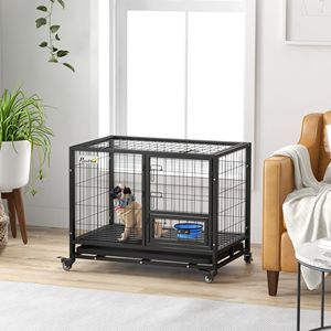 Cuccia per Cani in Metallo Nero Sicura con Supporto per Ciotola, Ruote e Vassoio Rimovibile per Cani di Taglia Media e Grande - Product Image 2