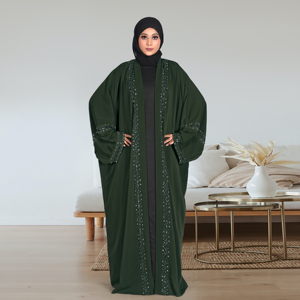 Abaya Abierta de Lino con Adorno de Cristales en la Parte Delantera, Manga Murciélago Holgada, Largo hasta el Suelo, Prenda Exterior Islámica Modesta para Mujer - Product Image 3