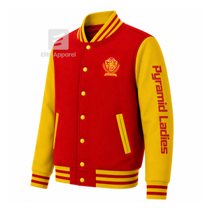 Chaqueta universitaria personalizada NSPDK Sorority, roja y dorada, con cremallera frontal completa, cuello con ribete, logotipo bordado, de algodón. - Product Image 2