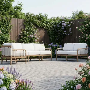 Bale Living Contemporary Outdoor <b>Garden</b> Sofa <b>Set</b> Wood Frame White Cushions Waterproof Quick-Dry Cushions Lisbon Model Patio - Product Image 1