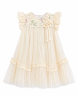 Gaun Pesta Satin Berkilau Motif Bunga dengan Payet, Lengan Mengembang dan Ruffle, Model A-Line Panjang Selutut untuk Anak Perempuan