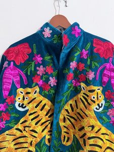 Handmade Festival <b>Wedding</b> Coat Velvet Embroidered Tiger <b>Jacket</b> Mandarin Collar Boho Loose Fit Full Sleeve Handmade Floral - Product Image 5