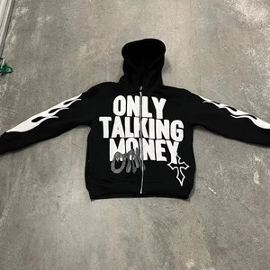Sweat-shirt rose à capuche zippé pour homme, imprimé 'Only Talking Money', en polaire, coupe classique, style hip-hop automne - Product Image 3