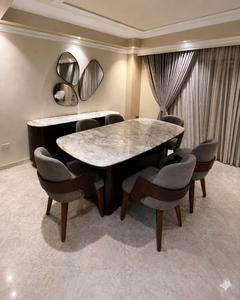 Mesa de Comedor Ovalada Moderna de Mármol con Patas de Madera de Teca y 6 Sillas Tapizadas, Diseño de Mediados de Siglo para Muebles de Hogar Contemporáneos - Product Image 2