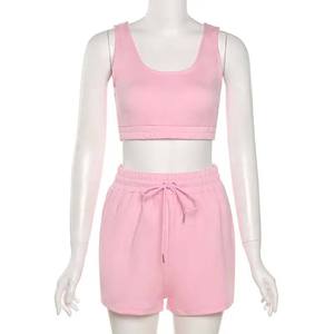 Ensemble 2 pièces short et haut tricoté bleu clair pour femme, col rond, manches longues, respirant, décontracté, printemps-été, coupe droite, polyester, mi-mollet - Product Image 2