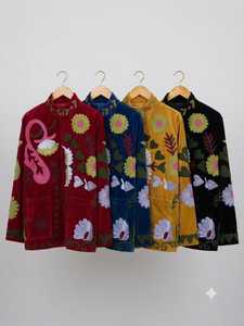 Green <b>Velvet</b> Knitted Embroidered Boho Quilted Cotton <b>Jacket</b> Floral Pockets Long Sleeve O-Neck Loose Fit Women Autumn Party Wear - Product Image 3