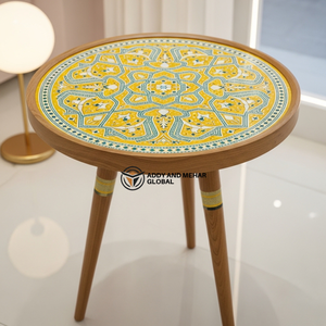 Tabouret en bois jaune Meena de luxe – Tabouret d'appoint décoratif artisanal pour espaces contemporains - Product Image 5