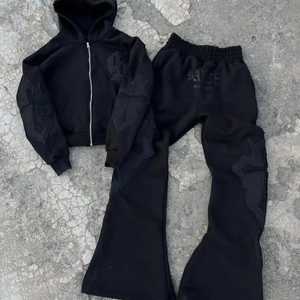 Custom Manufacturer Men's Tracksuits | Y2K Acid-<b>Wash</b> <b>Tech</b> Fleece Set Distressed Embroidery Flared Pants Streetwear 100% Cotton - Product Image 4