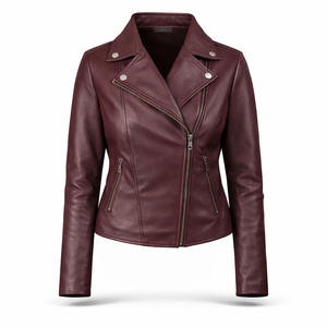 Chaqueta de Motocicleta para Mujer, Color Borgoña, Cuero Genuino, Impermeable, con Detalles de Botones, Corte Entallado, Cierre Cruzado, Estilo de Diseñador, Producción OEM al por Mayor - Product Image 1