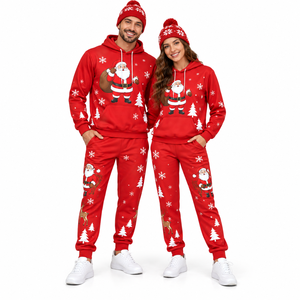 Conjunto de Chándal Navideño a Juego para Parejas al por Mayor: Sudadera con Capucha Gráfica y Pantalones Jogger, Color Sólido, Conjunto de Dos Piezas Personalizado para Parejas en las Fiestas - Product Image 1