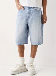 Shorts Bermuda en jean délavé bleu clair pour homme, taille mi-haute, fermeture boutonnée, style urbain, motif patchwork, tissu en coton respirant, été - Product Image 2
