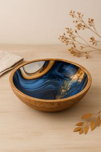 <b>Large</b> Wooden <b>Bowl</b> With Fruit Pattern Blue Handmade Bohemian Style For Food <b>Serving</b> - Product Image 4