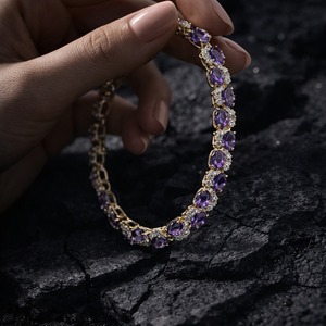 Brazalete de Cadena con Eslabones y Perlas de Agua Dulce, Moissanita Ovalada Morada, Chapado en Oro S925, para Mujer, Joyería de Aniversario - Product Image 3