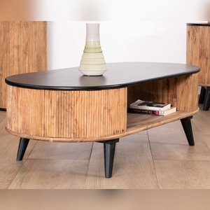 Vandana Silver Style rounded <b>coffee</b> <b>table</b> in natural and <b>black</b> acacia wood - Product Image 4