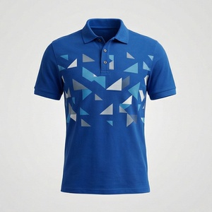 Polo à manches courtes pour homme, imprimé géométrique bleu, 100% polyester, tricoté, respirant, coupe décontractée - Product Image 1