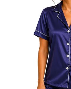 Manufacturer Custom Navy Blue Satin Pajama Set Women Silk Sleepwear Embroidered Pocket Short Sleeve Soft Lounge Nightwear Set - Product Image 3
