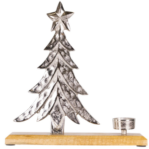 Árbol de Navidad Metálico con Copas Caídas y Adorno de Estrella, Portavelas para Tealight con Base de Madera de Mango - Product Image 1