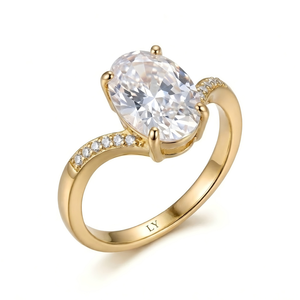 Anillo de Compromiso y Boda LY Clásico con Circonita Cúbica 5A de Corte Ovalado, Bañado en Oro Amarillo de 18K, con Tallo Curvo y Acentos Pavé, Promesa - Product Image 2