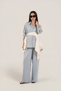 Pantalones de mujer azules de verano con cintura elástica, venta al por mayor, casuales, de ajuste holgado, de pierna ancha, lisos, de mezcla de seda, transpirables, de lana, antiarrugas - Product Image 4