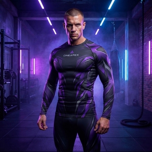 Men Compression T Shirt <b>Black</b> Purple Sublimation Print <b>Long</b> <b>Sleeve</b> <b>Gym</b> Training Sportswear Custom Logo Fitness Running Workout - Product Image 6