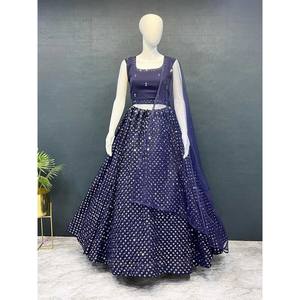 ชุดเดรสผ้าจอร์เจียสำหรับนักออกแบบงานปักลายด้วยผ้าสีน้ำเงินเข้ม - Product Image 1