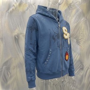 เสื้อฮู้ดซิปสีน้ำเงินสำหรับผู้ชาย ผ้าฝ้ายเฟรนช์เทอร์รี่ โลโก้ SG กระเป๋าปักเพชร สวมใส่สบายๆ สำหรับฤดูใบไม้ร่วง - Product Image 4
