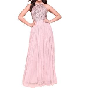 Modern Elegant Halter Neck Embellished <b>Sequin</b> Top Pleated Maxi Bridesmaid Dresses Empire Waistline Plus Size Tulle <b>Skirt</b> - Product Image 5