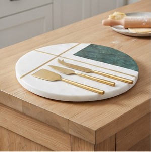 Tabla de Cortar Redonda de Mármol con Incrustaciones Verdes y Líneas Doradas, Plato para Servir Multifuncional - Product Image 2