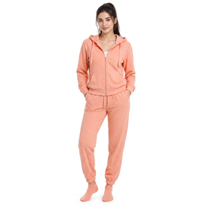 Conjunto de chándal casual de mujer con capucha y cremallera, de tejido grueso, con lavado ácido, estilo urbano, con sudadera texturizada de manga larga y pantalones jogger. - Product Image 1
