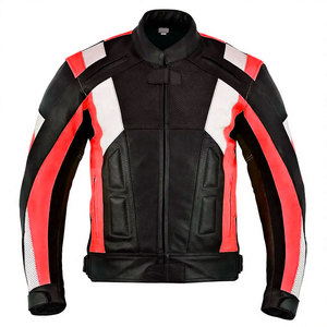 Blouson de moto en cuir color block pour homme, noir, rouge, blanc, respirant, coupe-vent, pour la course et la conduite - Product Image 5