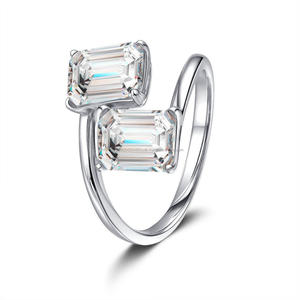 Elegant Moissanite Diamond <b>Emerald</b> Cut Two Stone <b>Ring</b> <b>Silver</b> Tone Bypass Setting Modern Engagement Jewelry For Women - Product Image 1