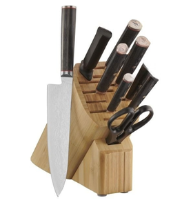 Ensemble de couteaux de cuisine dans un bloc en bois brun clair avec manches noirs, lames à motifs argentés, ciseaux et aiguiseur pour la préparation des aliments - Product Image 3