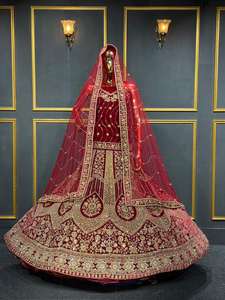 Lehenga de mariée en velours, best-seller, entièrement orné, avec une grande jupe évasée et six couleurs, idéal pour les occasions traditionnelles et festives - Product Image 3