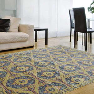Tapis en laine noué à la main, motif médaillon bleu et or, tapis oriental, résistant aux plis, à poils ras et fins, pour salon moderne - Product Image 1