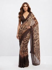 Sari élégant marron à imprimé léopard, en polyester, imprimé numérique, pour soirée, coupe classique, longueur ras du sol, pour femme, Inde, Pakistan, Bollywood - Product Image 4