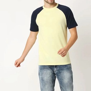 Camiseta de Manga Raglán para Hombre, Amarillo Claro, Azul Marino, Cuello Redondo, Corte Regular, Informal, de Jersey de Algodón Transpirable, Color Sólido, Manga Corta - Product Image 2