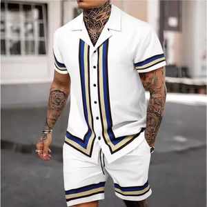 Ensemble chemise et short pour homme, col cubain, formel, uni ou imprimé, tricoté, 100% coton, manches courtes, style urbain, taille mi-haute élastique, été - Product Image 3