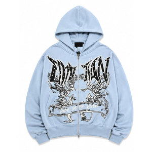 Sweat à capuche zippé pour homme bleu clair, en coton tricoté, coupe oversize, décontracté, avec imprimé frontal, idéal pour l'automne - Product Image 2