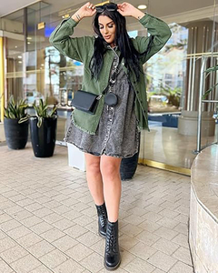 Women's Olive Green Genuine <b>Leather</b> Denim Shirt <b>Jacket</b> <b>Long</b> Loose Fit Turn-down Collar Button Front Frayed Hem Casual Spring - Product Image 3