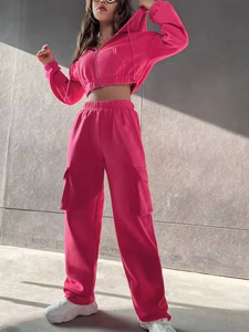 Conjunto Deportivo Rosa con Capucha para Mujer, Manga Larga, Color Sólido, Corte Holgado Informal, Pantalones con Cordón y Bolsillos Laterales, Ropa de Primavera - Product Image 1