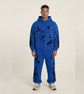 Conjunto de Sudadera con Capucha Azul para Hombre, Estampado de Pintura en Aerosol, Ropa Urbana, Sudadera con Capucha y Pantalones Deportivos a Juego - Product Image 1