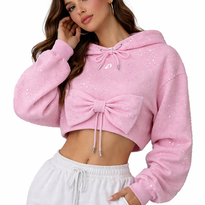 Sudadera con capucha corta rosa de moda con detalle de lazo, de algodón polar, tela brillante, estilo urbano, personalizada para mujer - Product Image 4