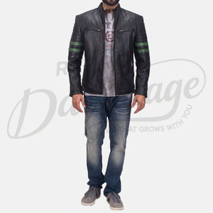 Blouson de motard en cuir noir premium pour homme, en véritable peau de mouton, coupe ajustée, avec rayures vertes, style motard, veste de mode Cafe Racer - Product Image 6