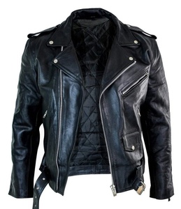 <b>Men's</b> Black Genuine <b>Leather</b> Motorcycle <b>Jacket</b> Turn-down Collar Zipper Closure Regular Sleeve Solid Color Autumn Style - Product Image 2