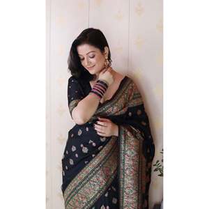 Shivani's Jade Black Pashmina Kashmiri Silk Saree with Zari Woven and <b>Ethnic</b> <b>Scarves</b> & <b>Shawls</b> - Product Image 1